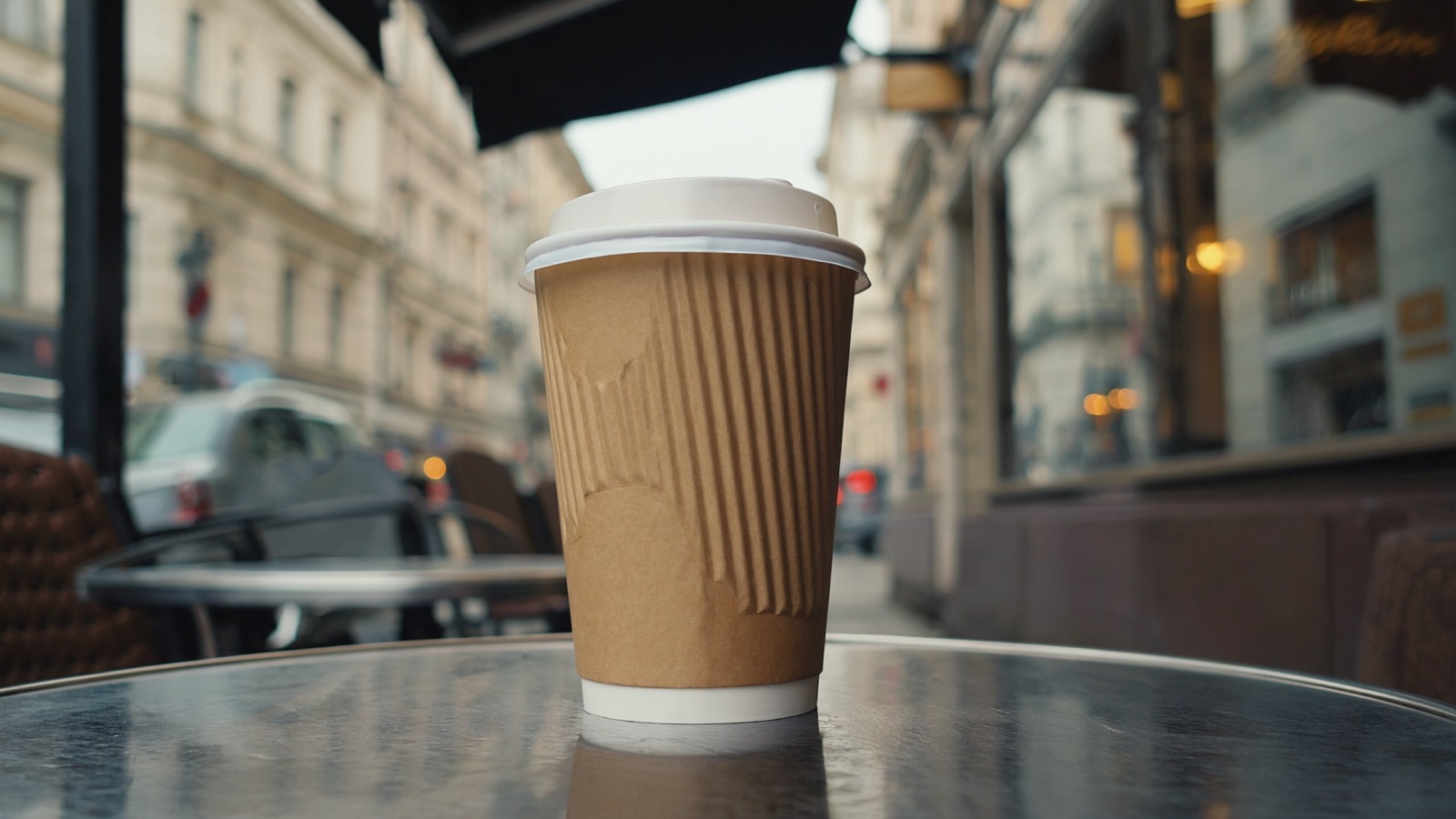 Ein Pappbecher mit Plastikdeckel steht allein auf einem leeren Café-Tisch, im Hintergrund eine verschwommene, eilige Straße.